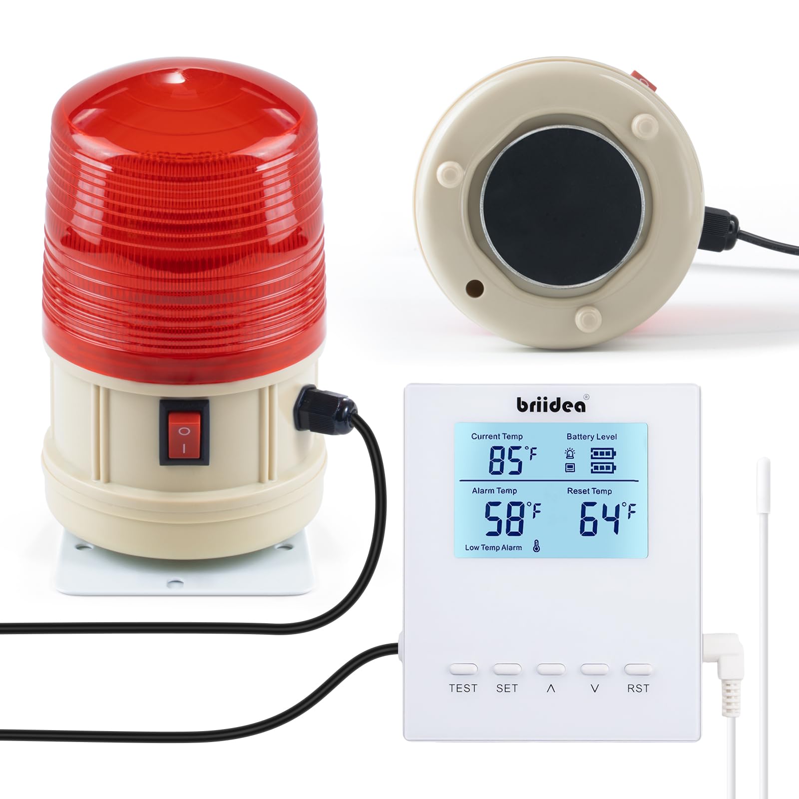 Briidea Battery Powered Temperature Warning Light with LCD Display -4℉ to 248℉ Temperature Range, 1000ft High-Visibility LED, Magnetic Base & Mounting Bracket, For Home, Garage & Farms Use