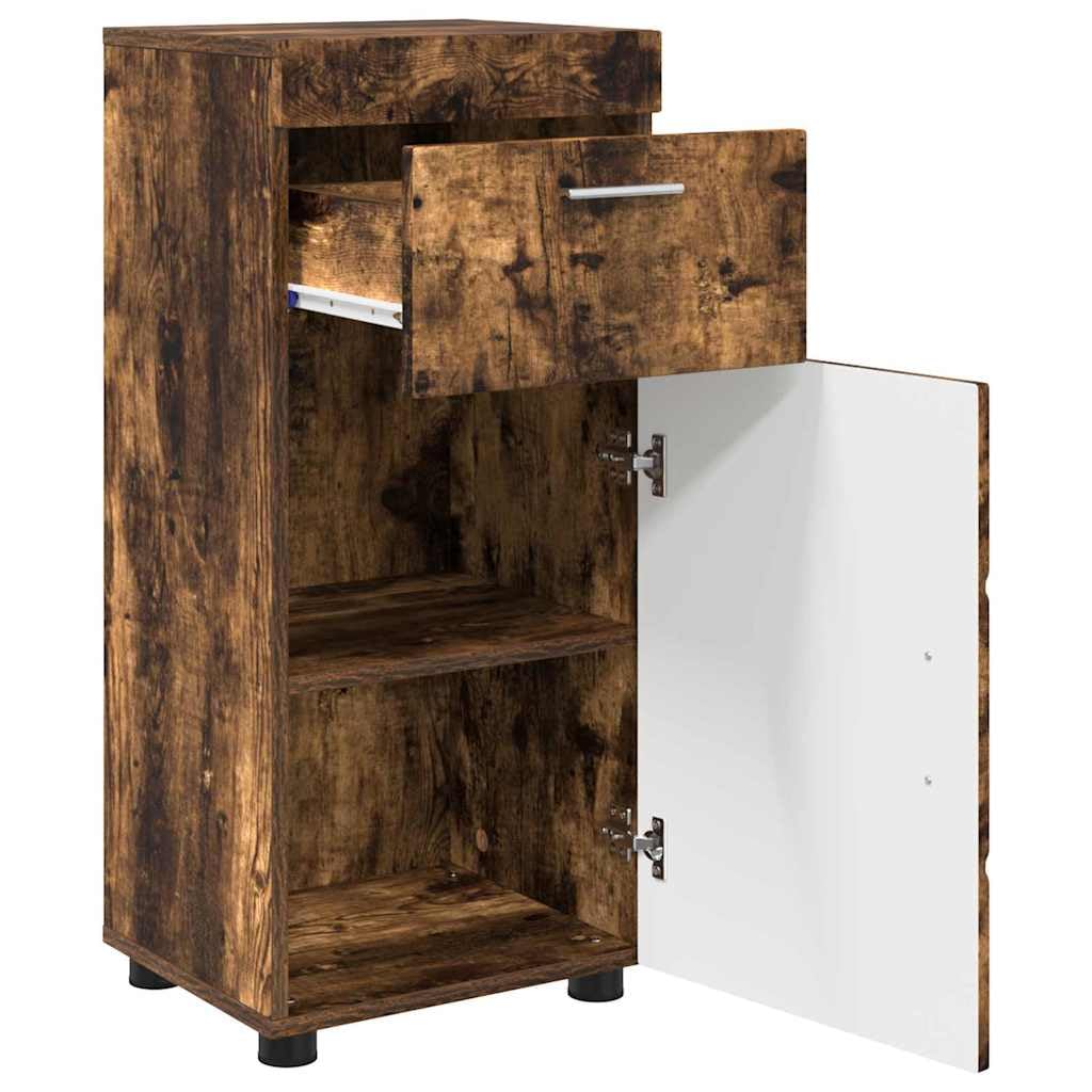 Tulum Armario de baño de roble ahumado, armario de baño con puerta, acabado mate, 37 x 31,5 x 82 cm, compacto vanidad para espacios pequeños, mucho espacio de almacenamiento, fácil montaje