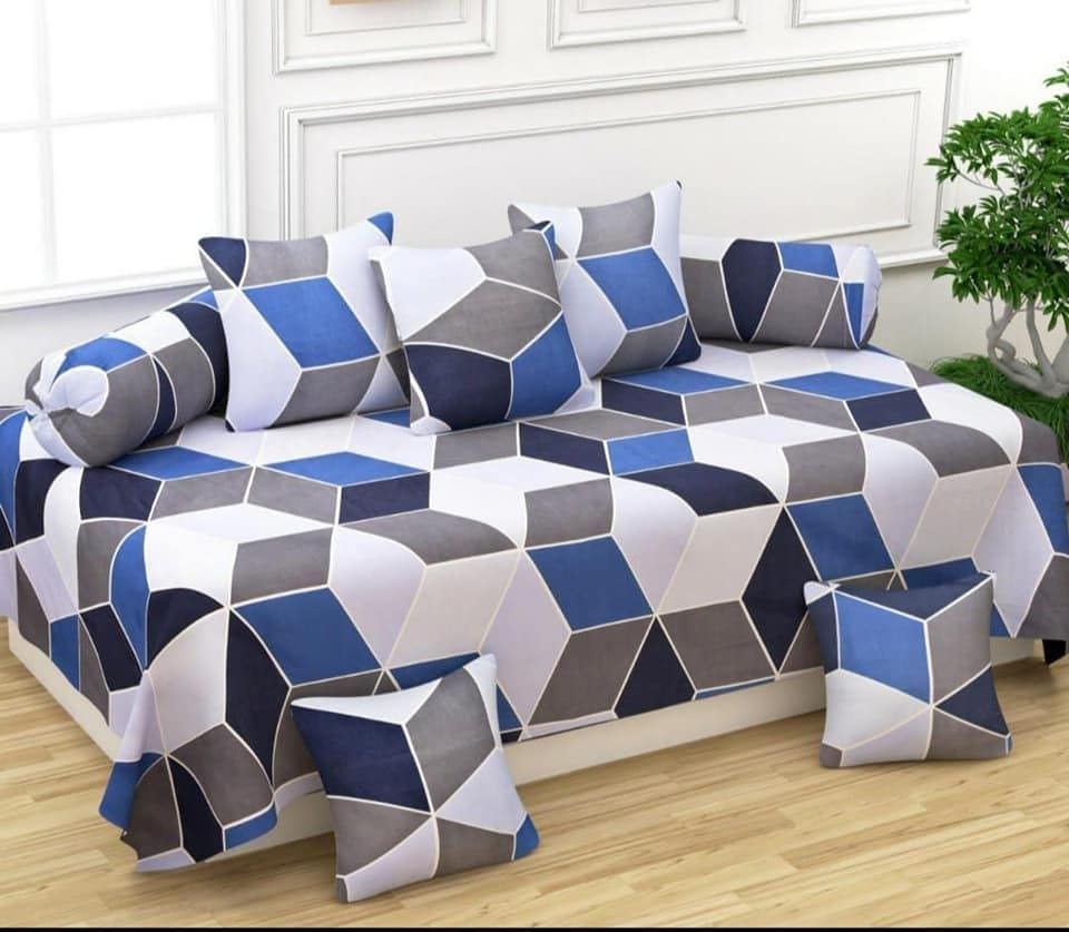 Collections Diwan Set Covers Cotton 8 Pieces Pure Cotton Designer Check Printed Standard Diwan Set (1 Single Bedsheet, 2 Bolster Covers, 5 Cushion Covers) (Blue - Multi)-image-46