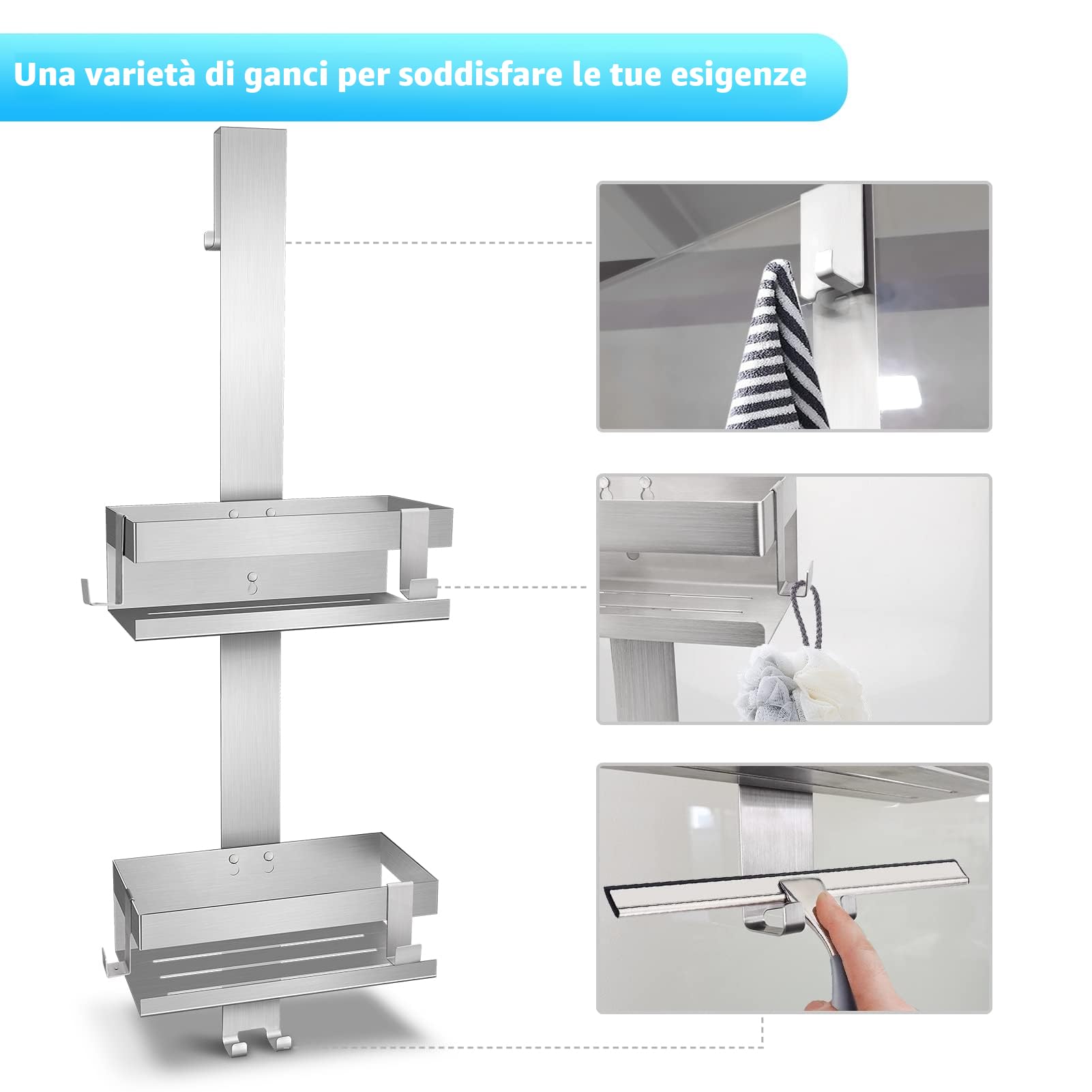 UUlioyer Mensola Doccia da Appendere, Porta Bagnoschiuma da Doccia in SUS304 Acciaio Inox da Appendere al Porte Doccia in Vetro, Argento (Doppio strato argento)