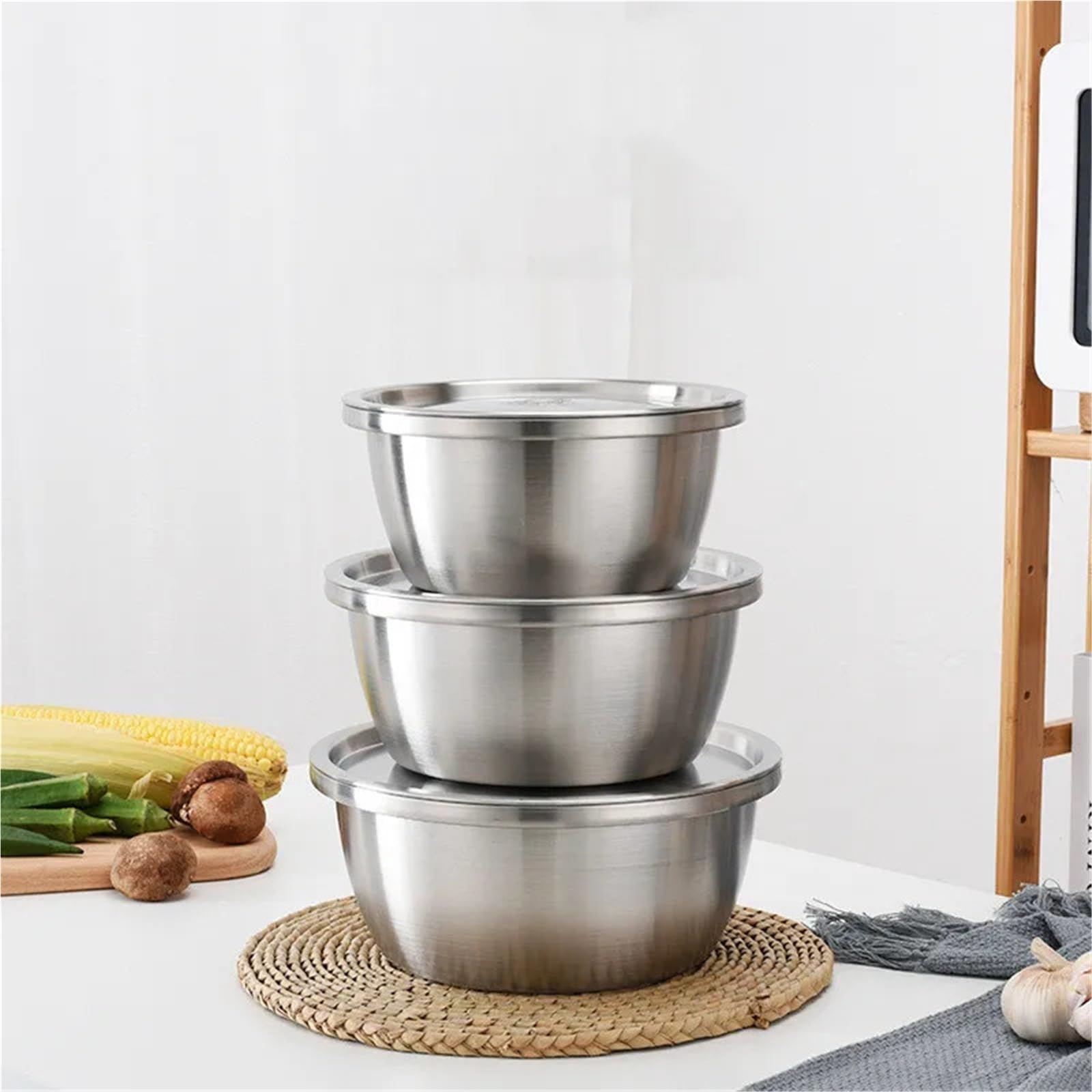 Tazón Para Mezclar Juego de tazones for mezclar acero inoxidable | Lavabo con tapa Huevo Verdura Vajilla Menaje de cocina(Bowl With Lid,34cm)