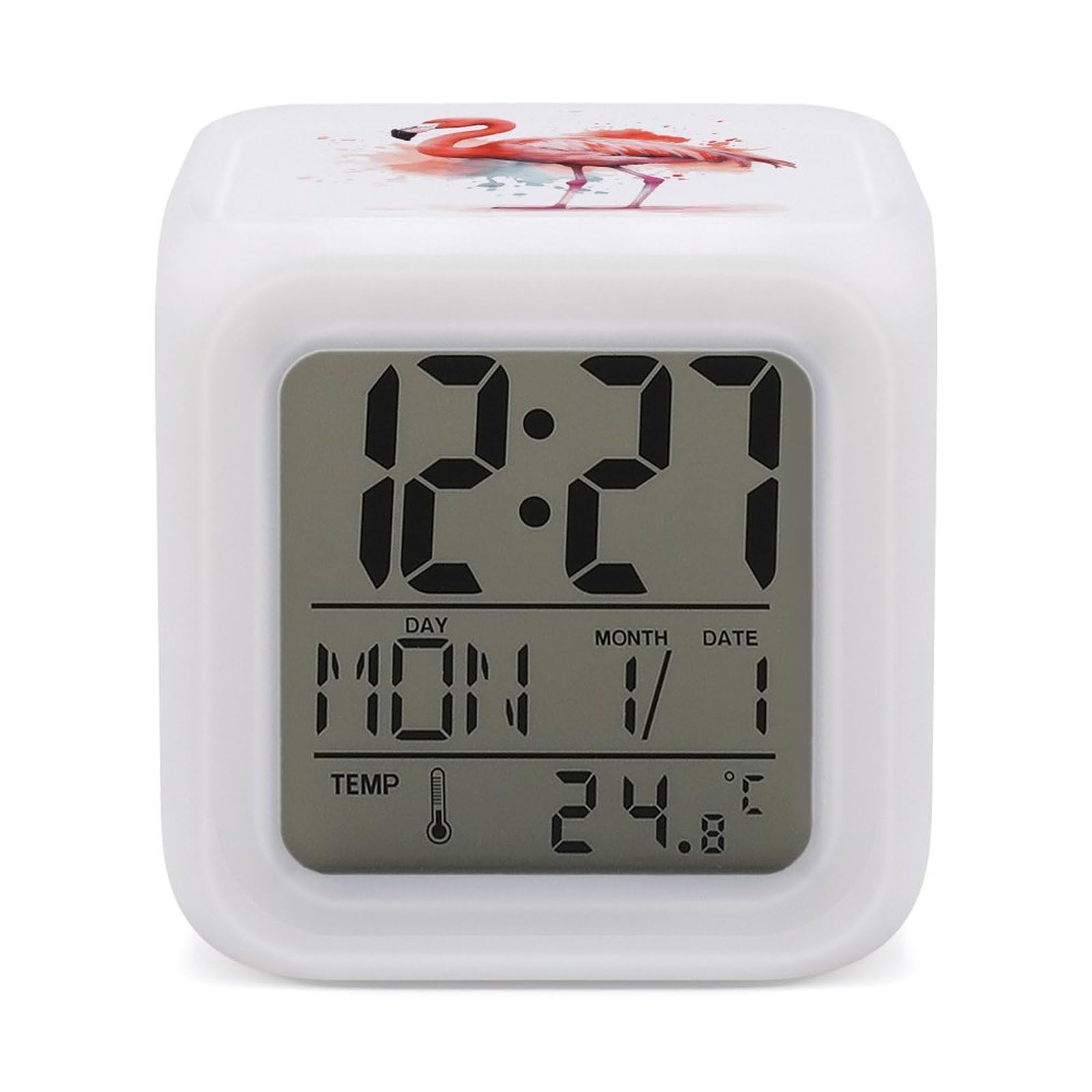 JTREHY 7 Color Changing LED Digital Alarm Clock,Watercolor Flamingo Printed Wake-up Clock with Temperature Display Home Decoration Alarm Clock for Bedroom Office