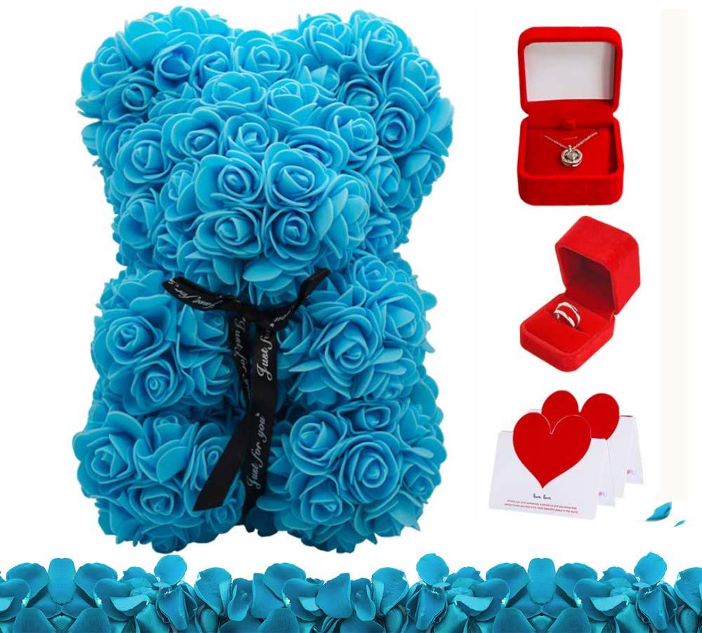 Rose Bear Handmade Teddy Bear Rose with I Love You Necklace + S925 Sterling Silver Couple Rings, Romantic 10 inch Flower Bear Gift Box for Valentine’s Day, Anniversary, Engagement, Birthdays (Blue)