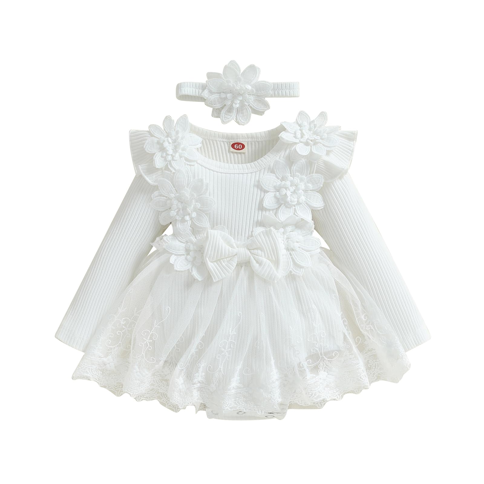 Covvoliy Baby Girl Tulle Birthday Party Princess Dress Long Sleeve Lace Flower Tutu Romper Dress Newborn Fall Clothes
