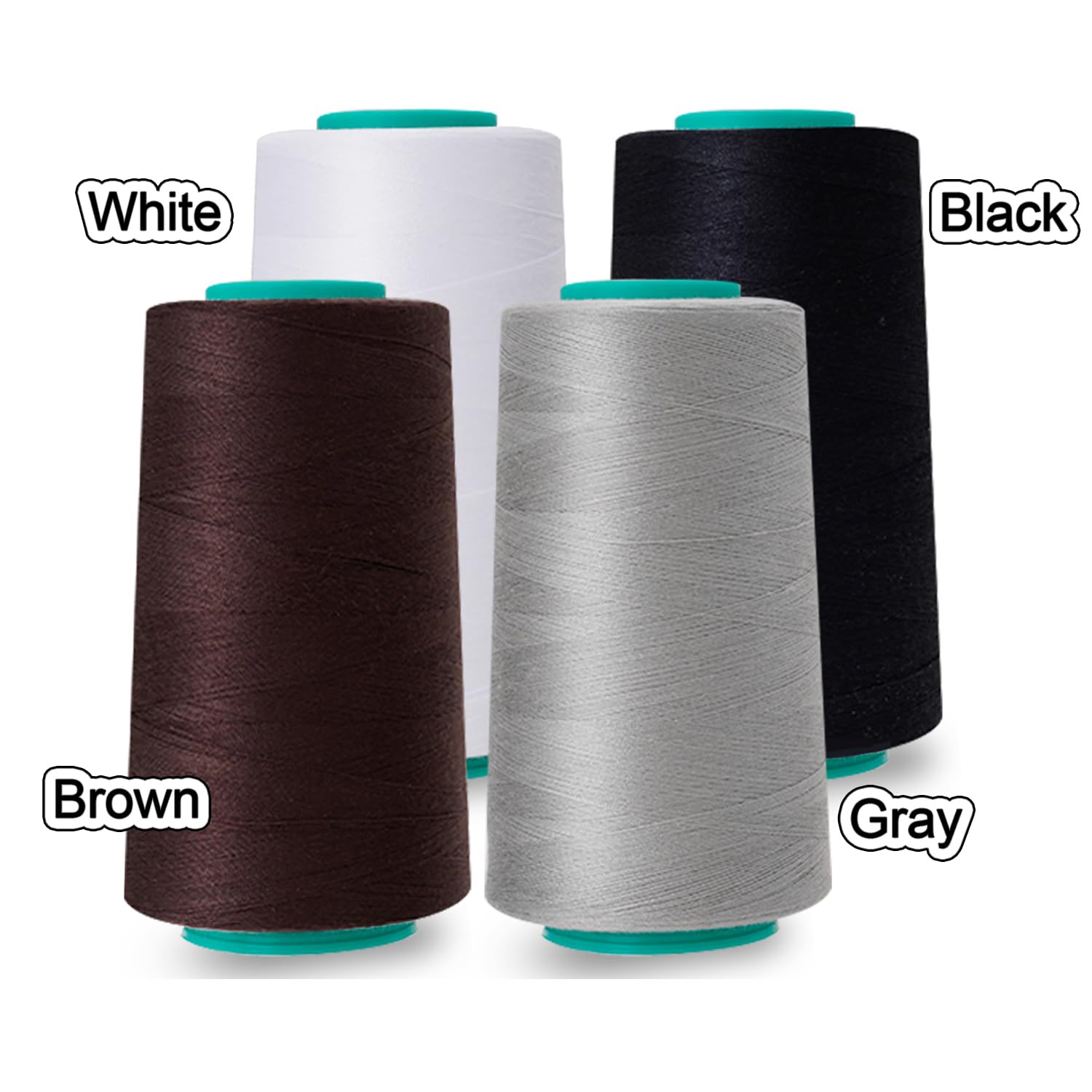 Nähgarnkegel, 4 Stück, 3000 m, Allzweck-Polyestergarn zum Nähen, Quilten, Overlock, Stickerei (Schwarz, Weiß, Braun, Grau)