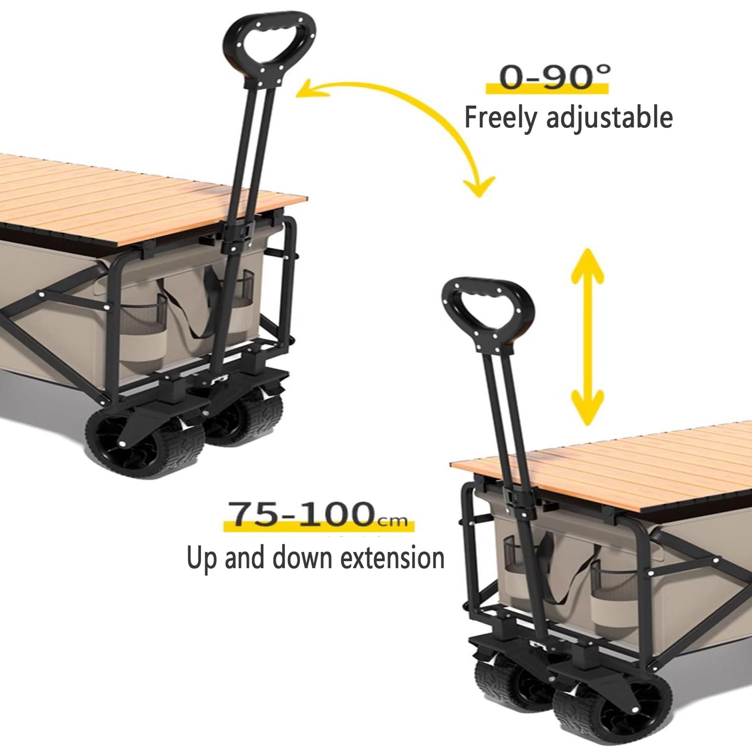 Carrello Pieghevole con Ruote Rimovibili Carrello Pieghevole Trasporto con Maniglia Telescopica Carrello da Giardino Pieghevole con Tasche Laterali Carrello da Spiaggia per Tutti i Terreni