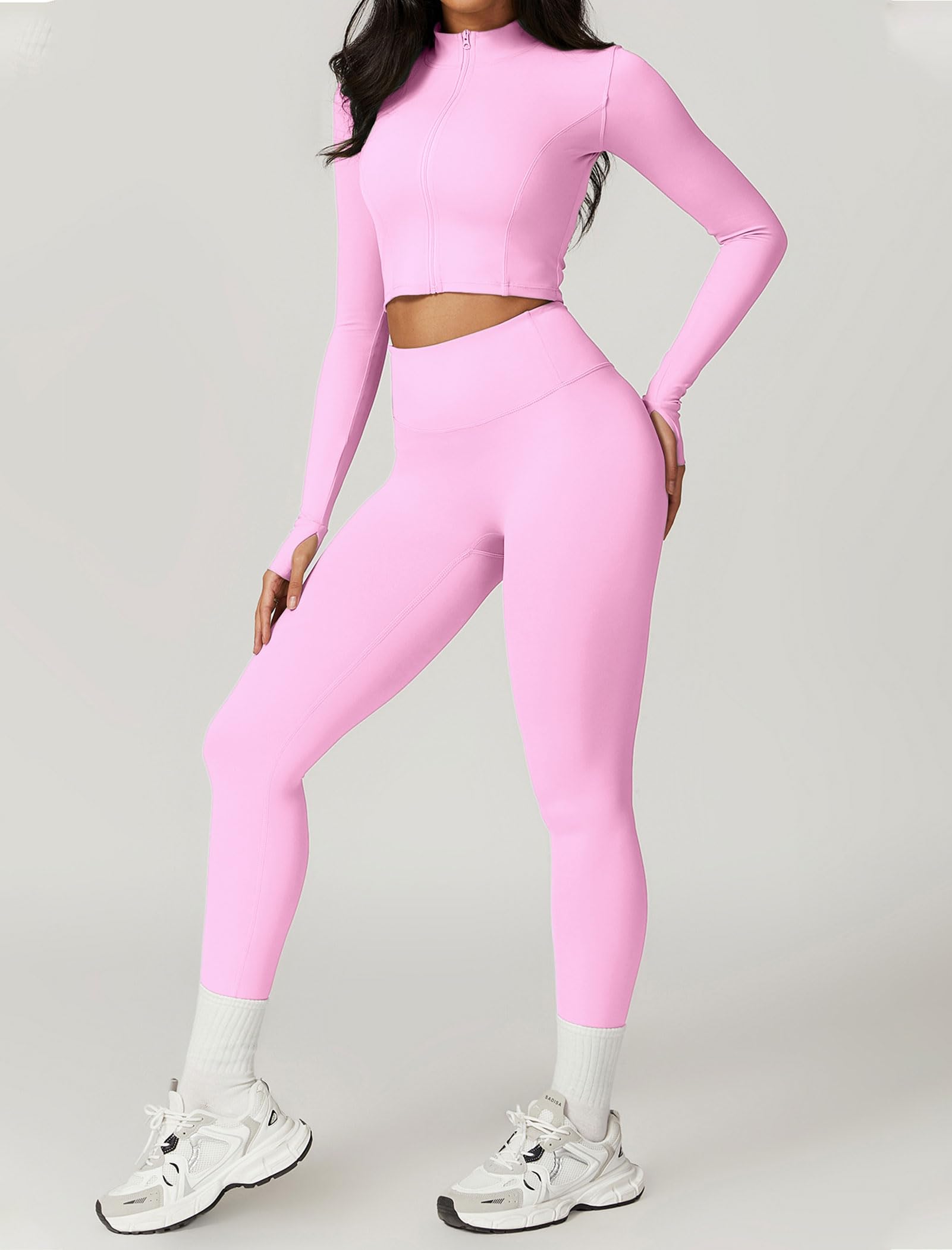 Set da allenamento da donna, 3 pezzi, giacca a maniche lunghe con cerniera, top corto, leggings da yoga a vita alta, set da palestra e atletica, Rosa, Small