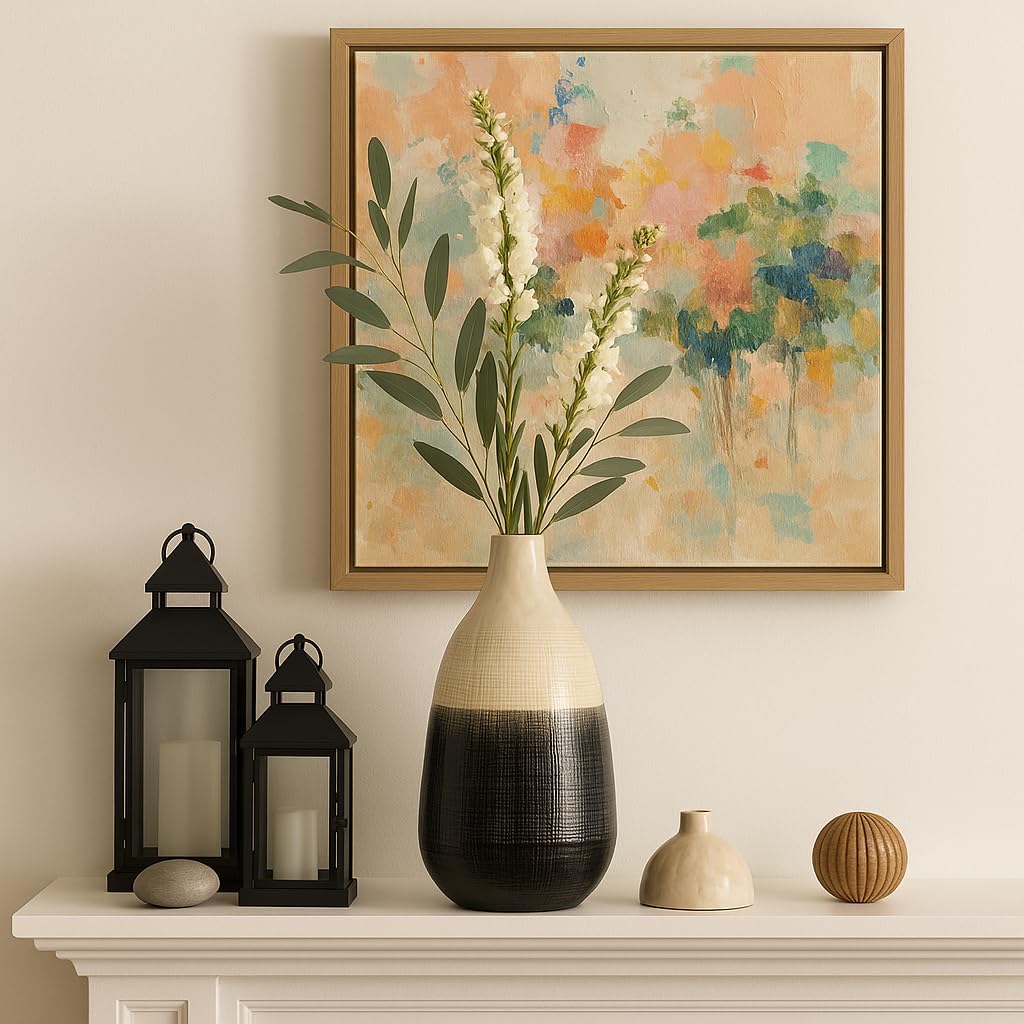 Decorative Two Tone Ceramic Jar with Lid for Living Room Decor - Contemporary Stylish Home Accent for Office Spaces, Coffee Table, and Bedroom - Elegant Flower Vase for House Decor - 18" Beige & Black