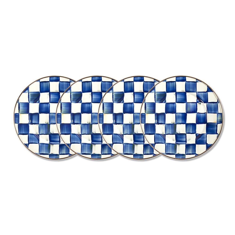 MACKENZIE-CHILDS Enamel Salad and Dessert Plate, Small Plate for a Dessert or Appetizer Dish, 8 Inches, Set of 4, Blue-and-White Royal Check