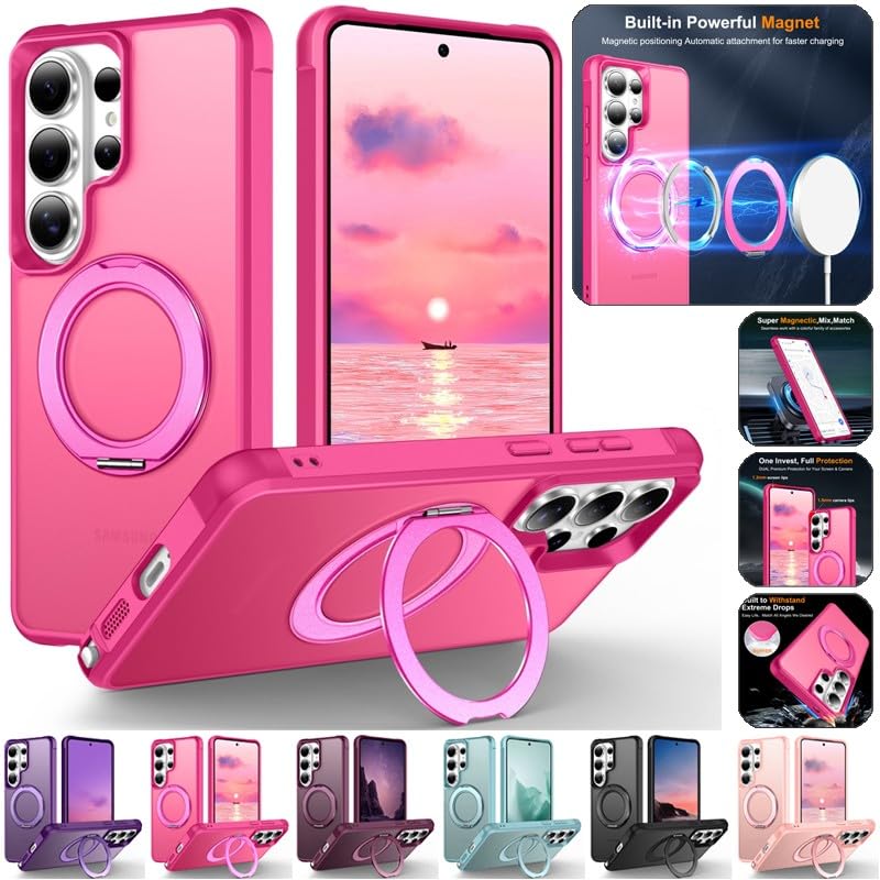 Coque Samsung S26 Ultra rose avec anneau rotatif et support en silicone rigide
