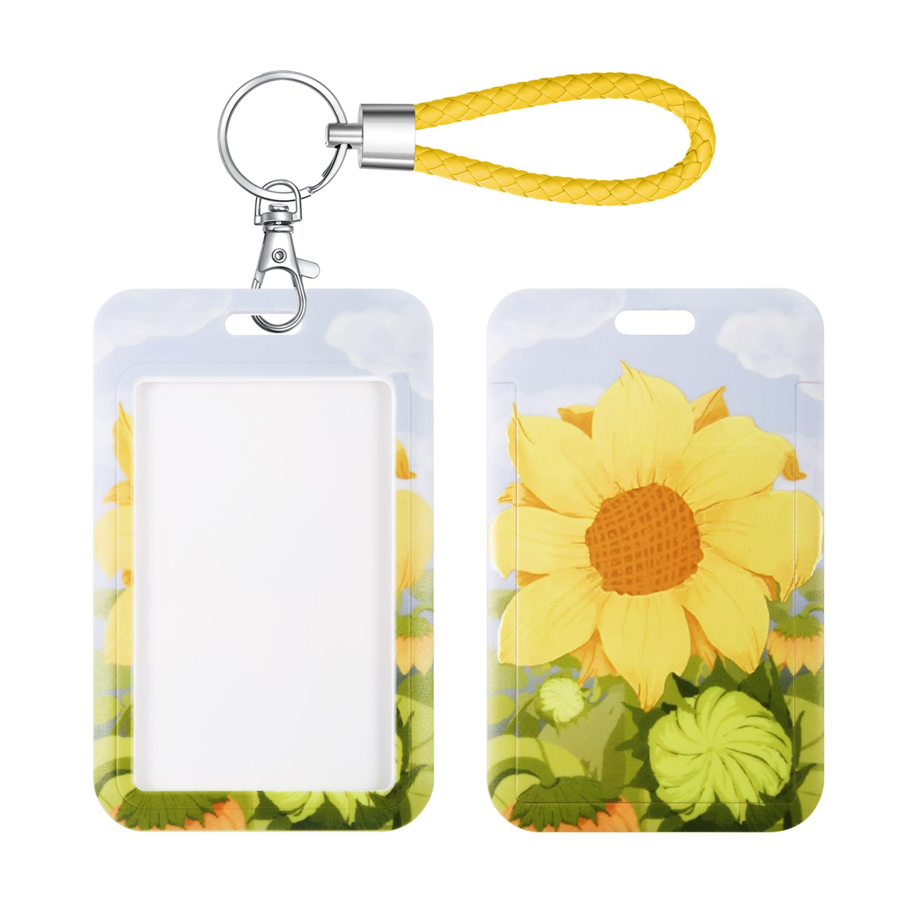 SHININGEYES ID Card Badge Holder Key Chain with Metal Keyring, Plastic Slide Open with ID Window for Women Men Girls Students,Sunflower Bluesky