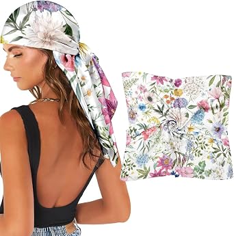 YunTu Womens 35" Satin Silk Feel Square Scarf, Blue and White Floral Porcelain Head Scarf, Elegant Hair Bandana Wrap