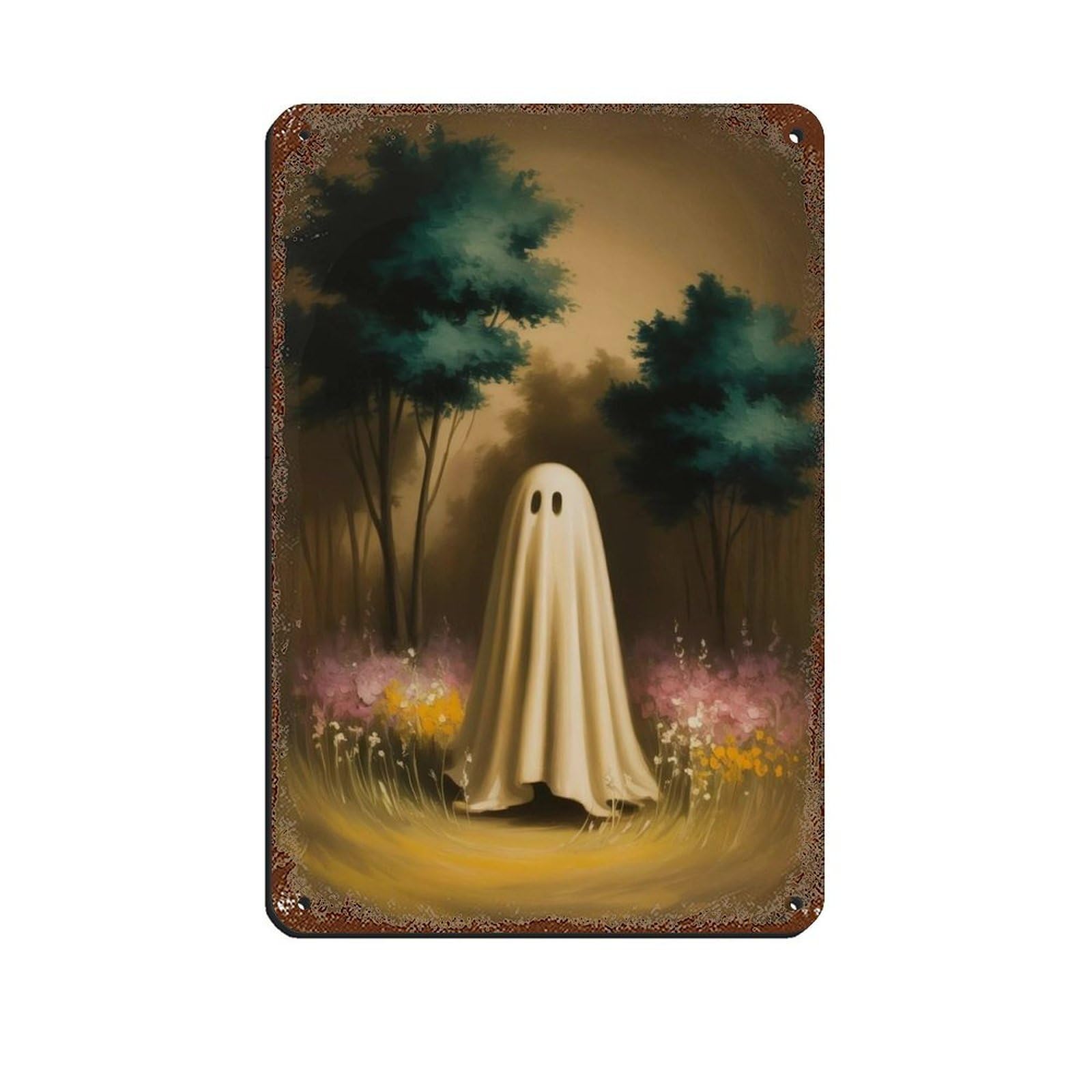 Ghost in The Flower Forest Poster, Spooky Art Retro Poster Metal Tin Sign Chic Art Retro Iron Painting Bar People Cave Cafe Family Garage Poster Wall Decoration 8x12inch(20x30cm)