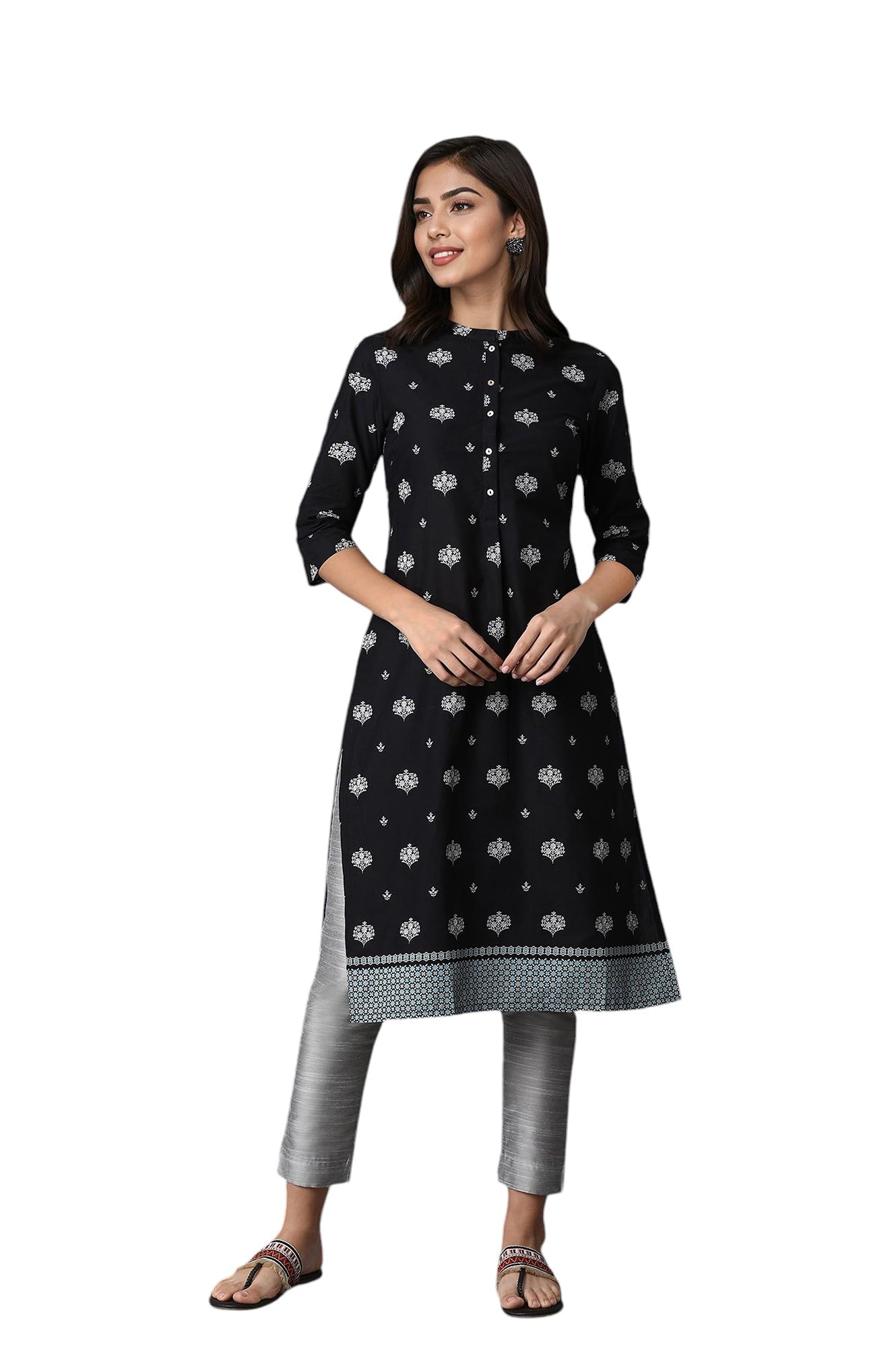 W for Woman Women Cotton Straight Fit Printed Mandarin Collar Straight Kurta