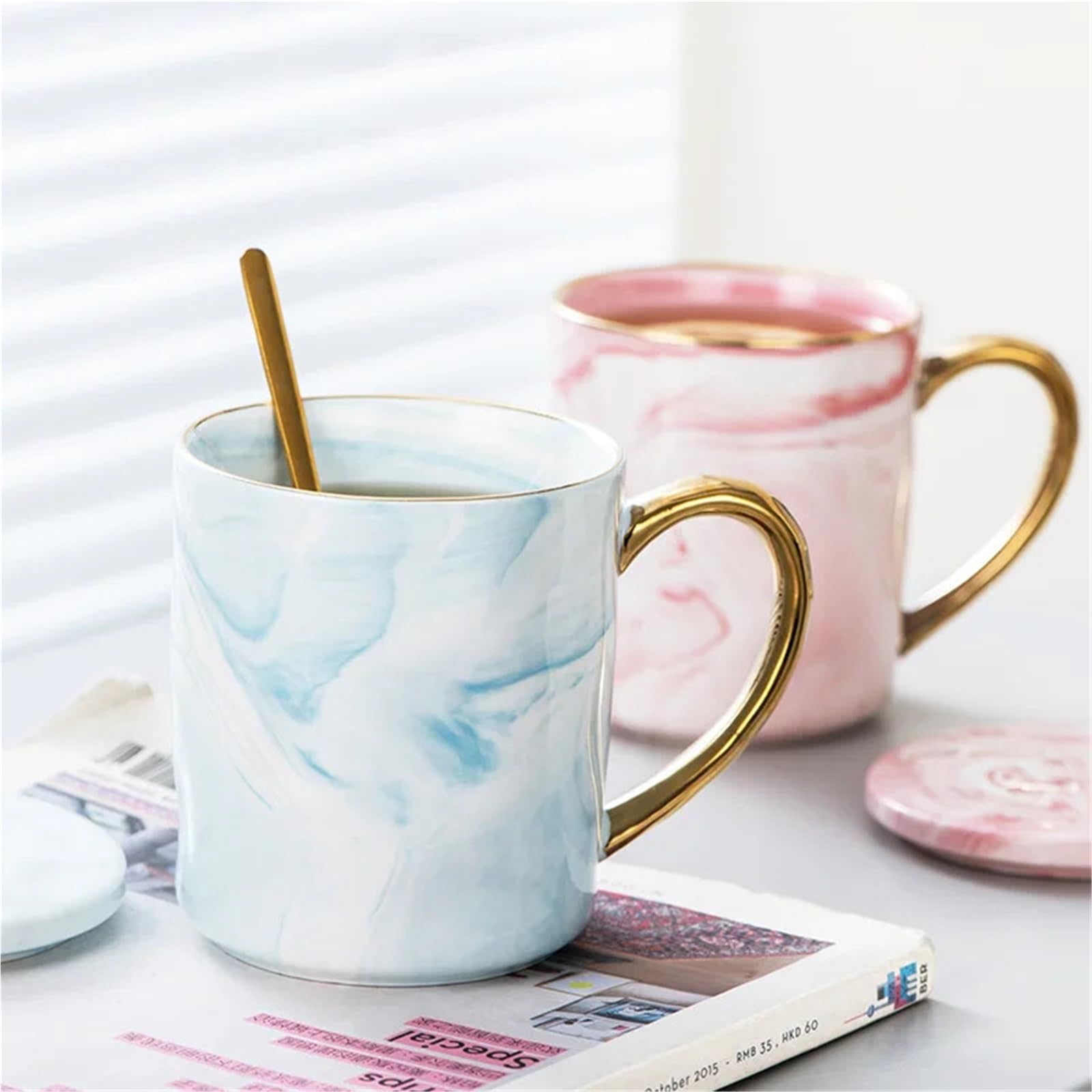 1/2PCS 400ml Keramik Becher Gold Rand Kaffee Tasse Paar Jahrestag Frühstück Haferflocken Teetasse Milch Tasse für Kaffee(2pcs pink Black)