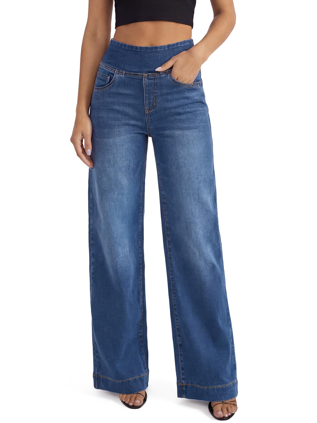 Vaqueros Elásticos Mujer,Pantalón Vaquero Ancho Tiro Alto Azul Marino Pierna Ancha Holgada Sweatpants Jeans Women Wide Leg