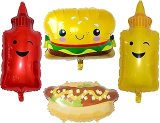 8Pcs Hamburger Hot Dog Ketchup Bottles Mustard Bottles Foil Mylar Balloons Food Balloons for Birthday Barbecue Picnic Cookout Fast Food Snacks Themed Baby Shower Party Decorations Supplies