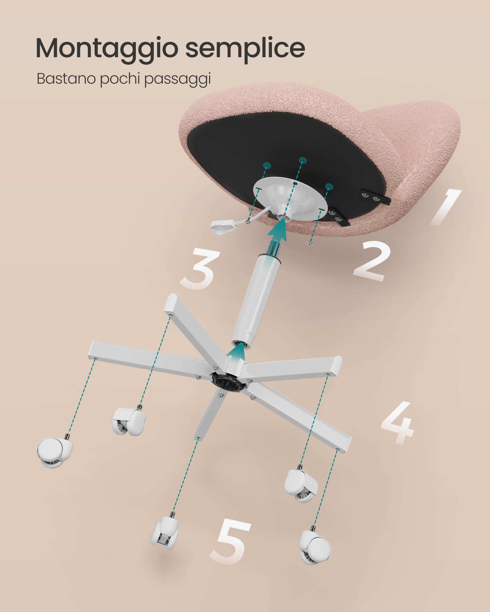 SONGMICS Sedia da Ufficio, Sgabello da Trucco in Tessuto Peluche, Sedia da Scrivania Imbottita in Gommapiuma, Regolabile in Altezza, Studio Camera da Letto Cabina Armadio, Rosa Pastello OBG027SA01