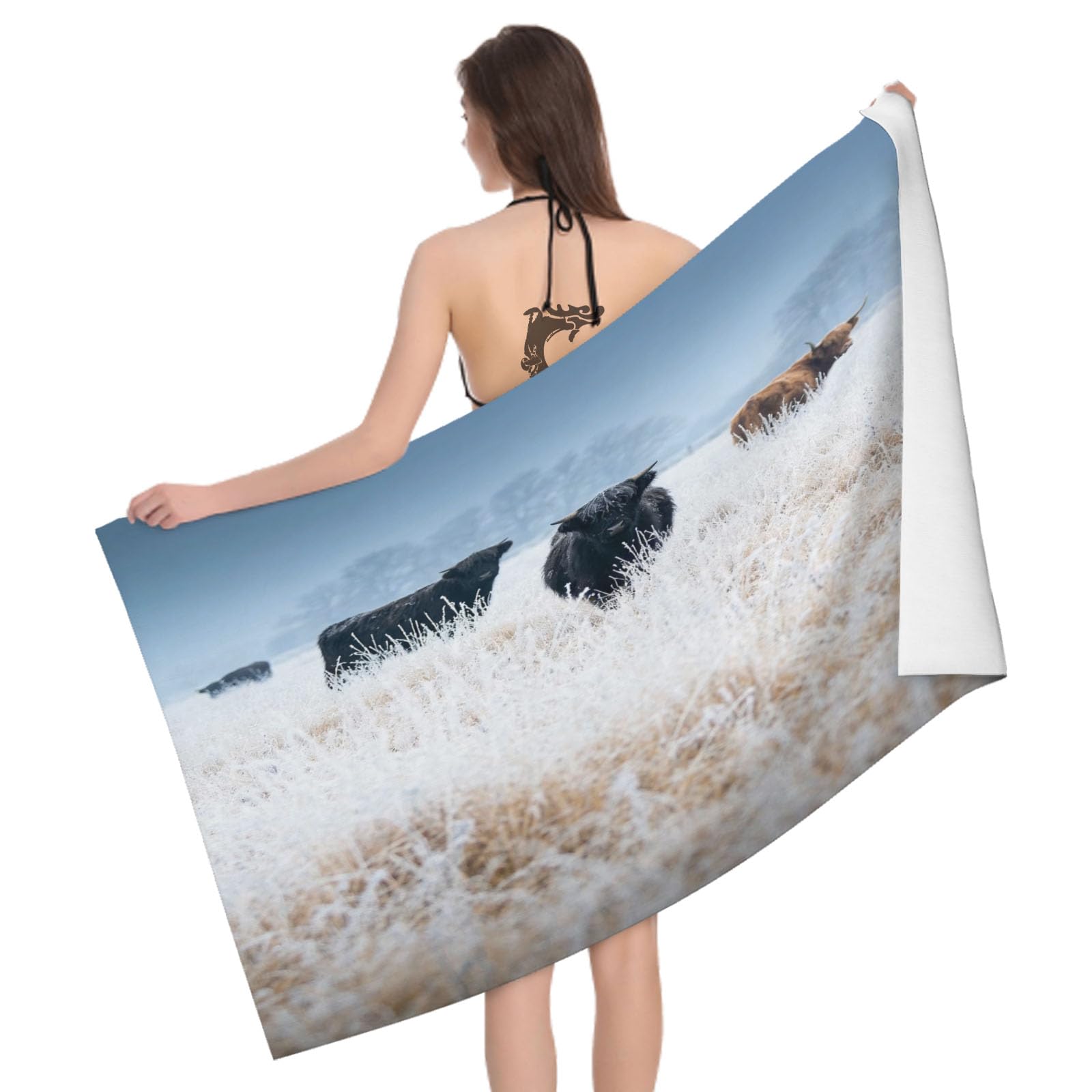 Leichong 3D Highland Cow Beach Towel Microfiber Soft Quick Dry for Adults, Animal Theme Bath Towel Lightweight Soft Absorbent for Travel Swimming Pool Sports, 75 x 150 cm