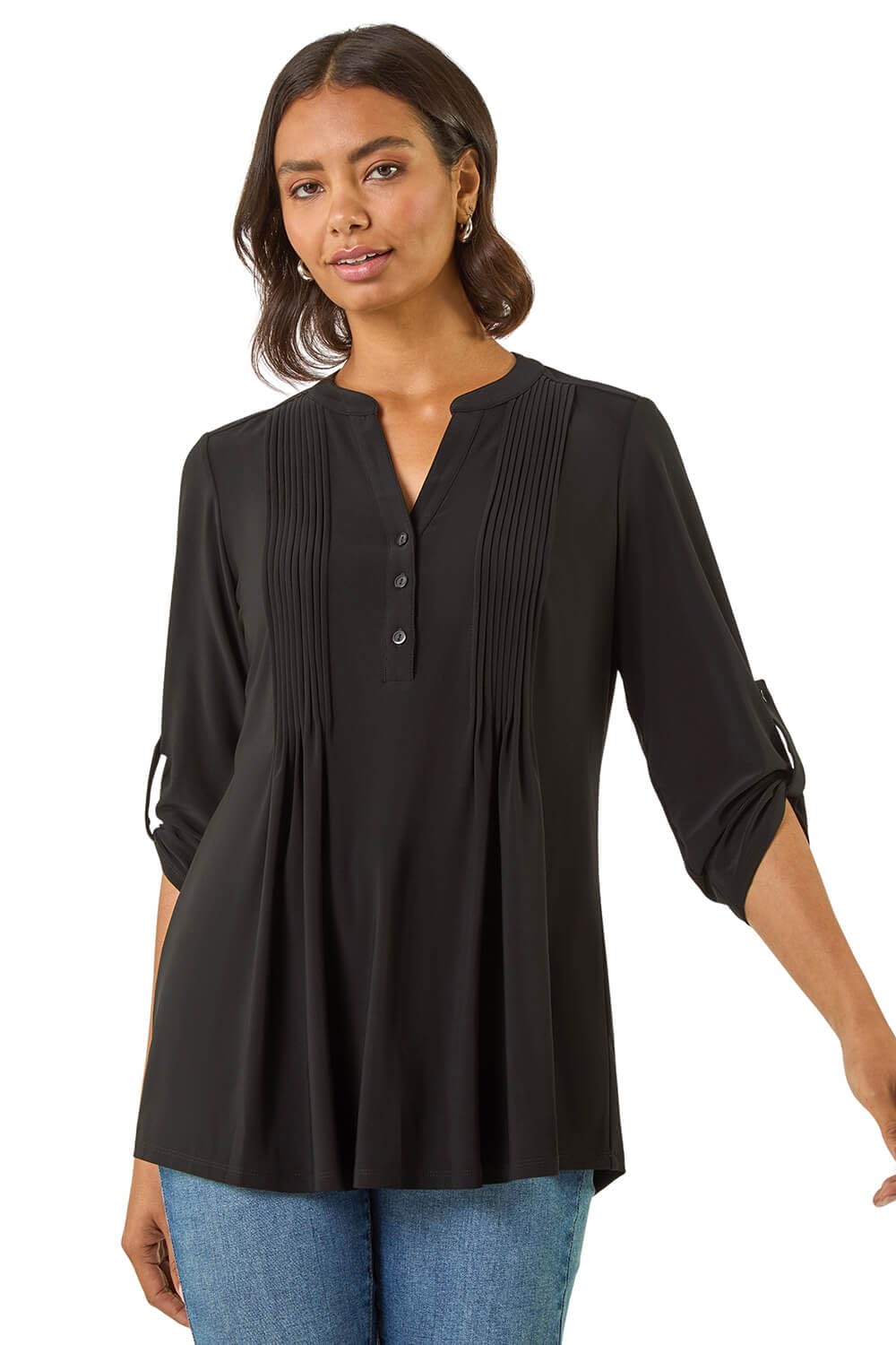 Roman Originals Women's Black Pintuck Button Stretch Top For Uk - Everyday Autumn Winter V-Neckline Comfy Soft Evening Vacation Work Party Night Out