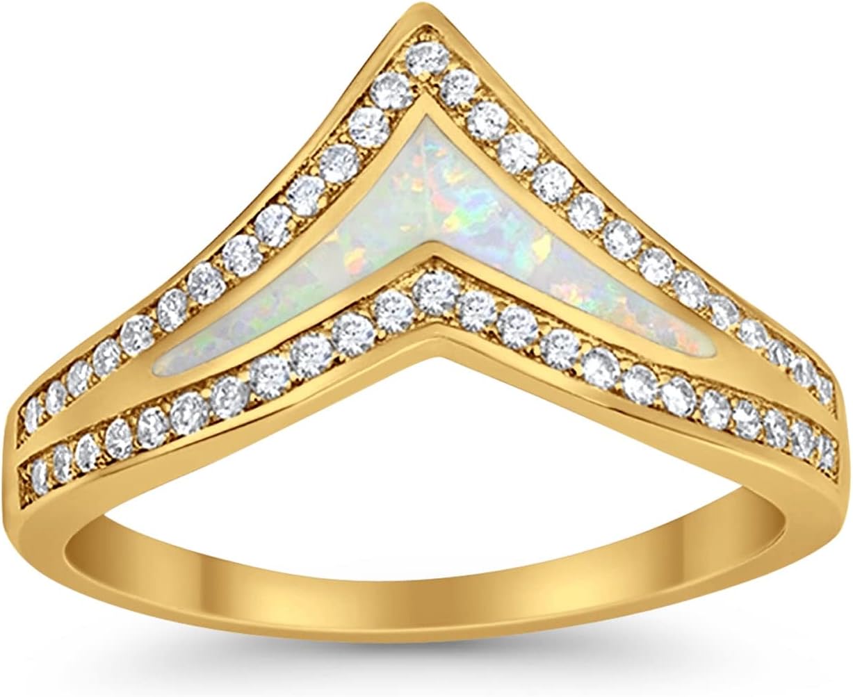 Blue Apple Co. Half Eternity Chevron Midi V Ring Band Created Opal Round CZ 925 Sterling Silver Choose Color