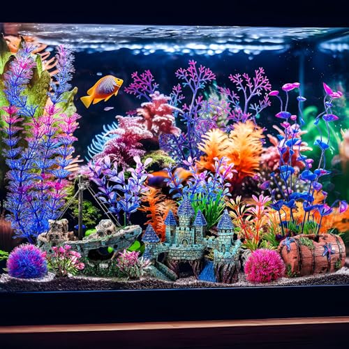 Image of Zeyune 18 Pcs Fish Tank Decorations Artificial Plastic Plants Decoration and Rock Cave Decor Set Aquarium Decor Resin Castle Sunken Ship Starfish Barrel Goldfish Betta Tank Accessories Purple Ornament