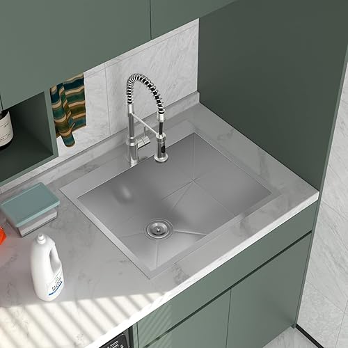 Miniatura 3 de Logmey Fregadero de lavandería con caída de 25 x 22 pulgadas, fregadero de 25 pulgadas de profundidad, hecho a mano, calibre 16, acero inoxidable de