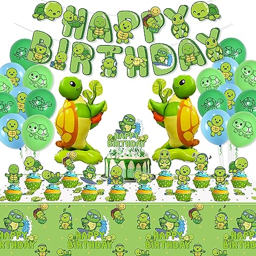 Turtle Party Decorations - Includes Turtle Balloons, Happy Birthday Banner, Cake Topper, and Green Tablecloth for Under the Sea Party Decorations Turtle Birthday Party Accessories
