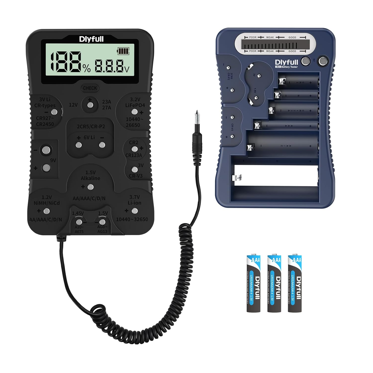 Dlyfull B2-Blue Battery Tester and B4 Universal Batter Tester, 3X AAA Batteries Included