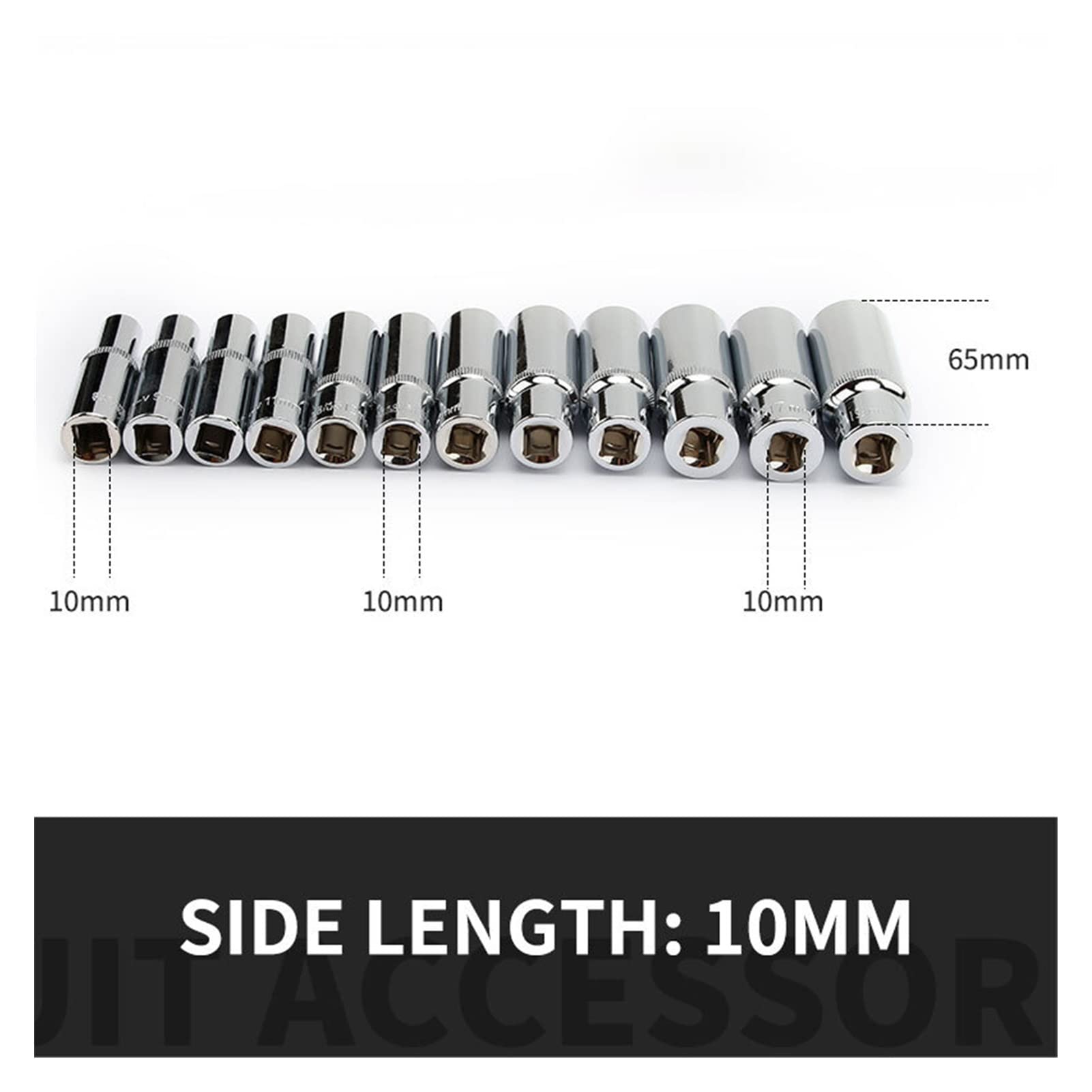 Zestaw 12 nasadek 3/8 cala, głębokich, długich, długość 65 mm, otwór kwadratowy 10 mm, 8 9 10 11 12 13 14 15 16 17 18, uchwyt wiertarski 19 mm