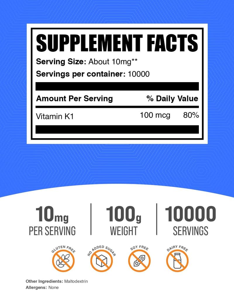 BulkSupplements.com Vitamin K1 Powder - Vitamin K1 Supplement for Bone and Heart Health Support - Gluten Free, 10mg per Serving, 100g (3.5 oz) (Pack of 1) — Amazon image 2
