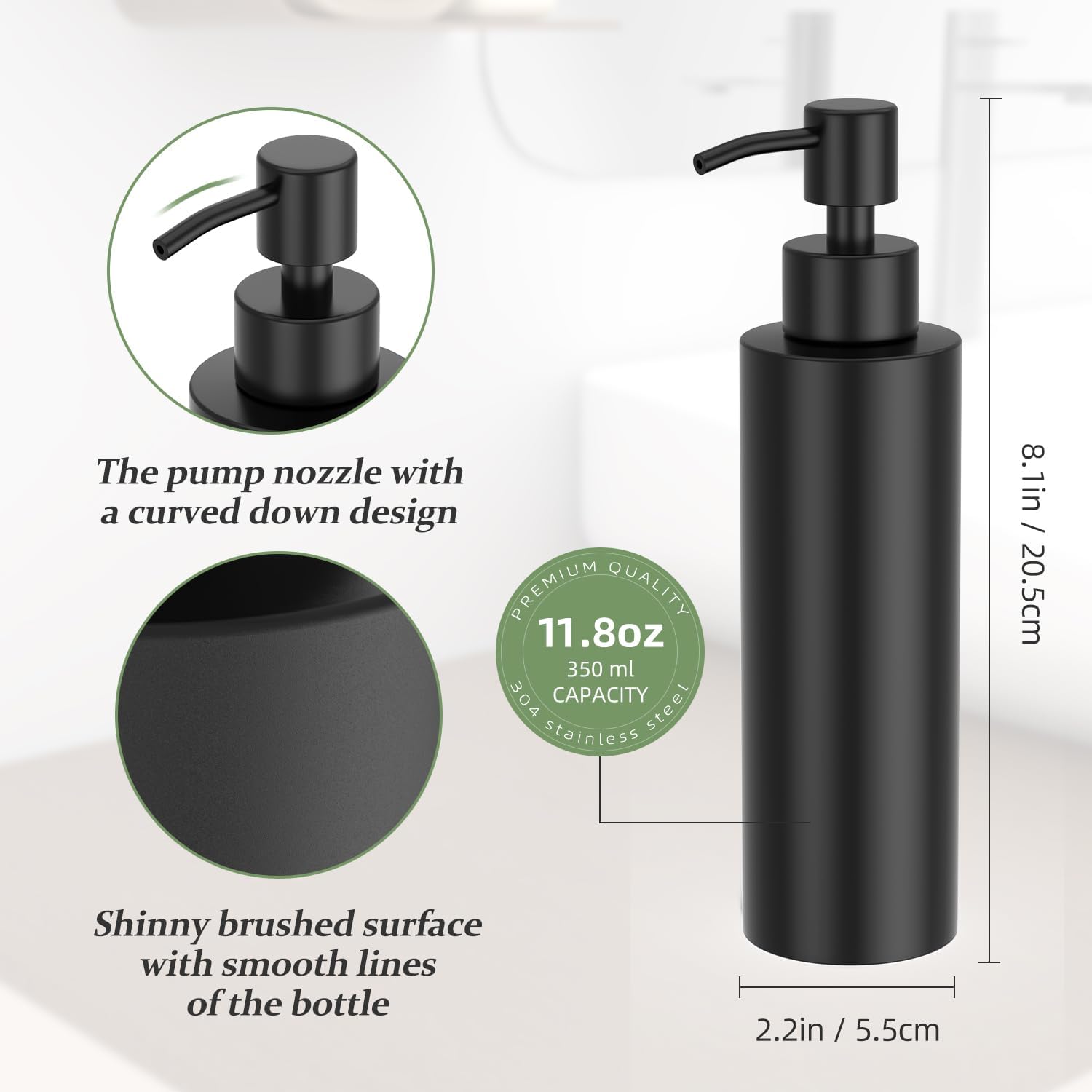 ARKTEK Matte Black Soap Dispenser Stainless Steel 11.8 OZ - Liquid Hand Lotion Dispenser Decor Refillable Dishwashing Soap Dispenser for Kitchen Bathroom Countertops - Image 3