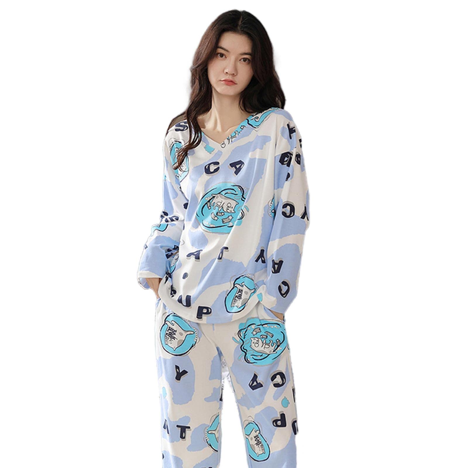 MOGSA Pijama para mujer, primavera, otoño, de algodón, elegante, floral, conjunto de ropa de dormir, pantalones a cuadros, para mujer, hogar, W10, M asiático (40-50 kg)