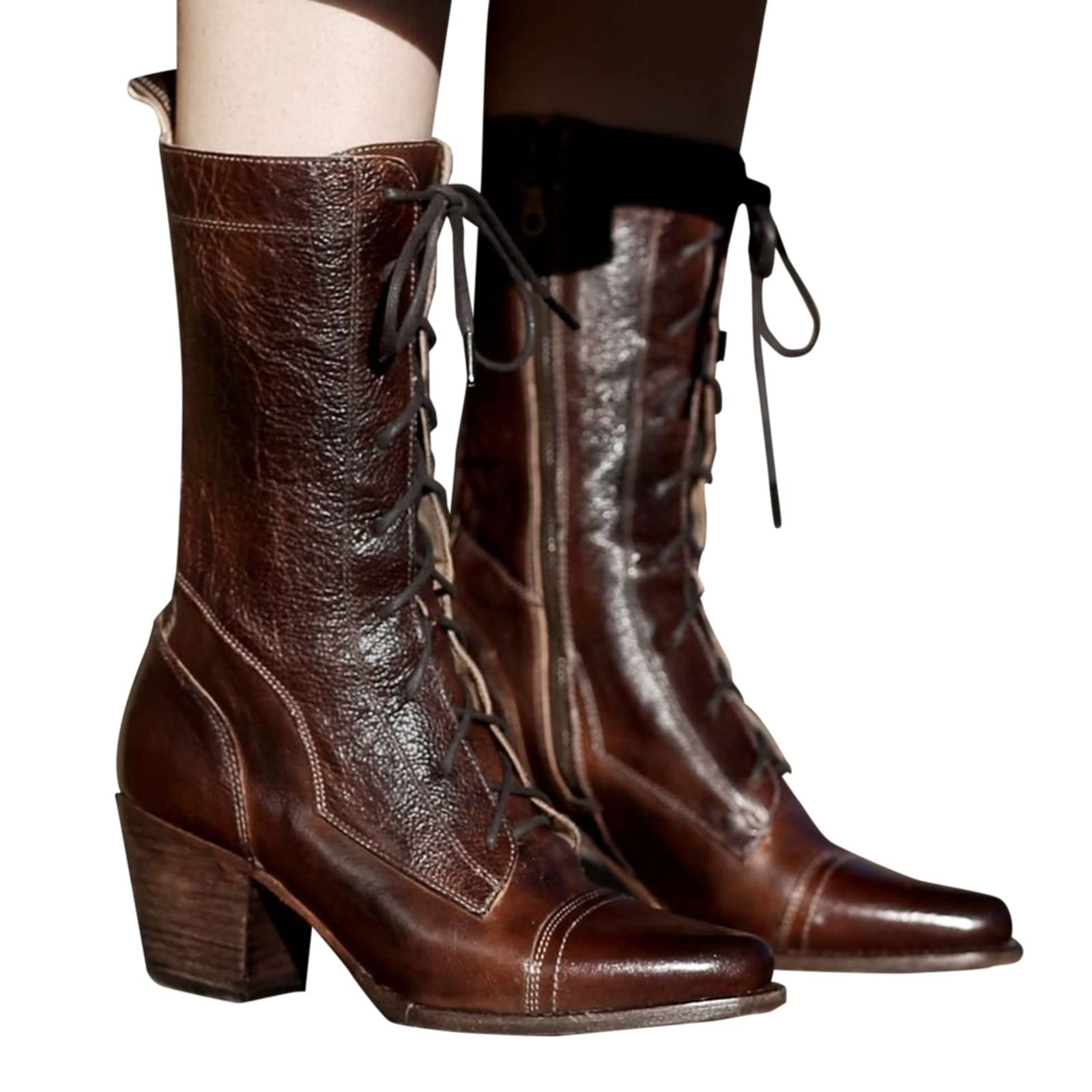 Stivali Texani Donna In Pelle E Camoscio Con Tacco E Lacci - Vintage Marroni, Alti, Stile Cowboy E Biker Per Inverno - 3