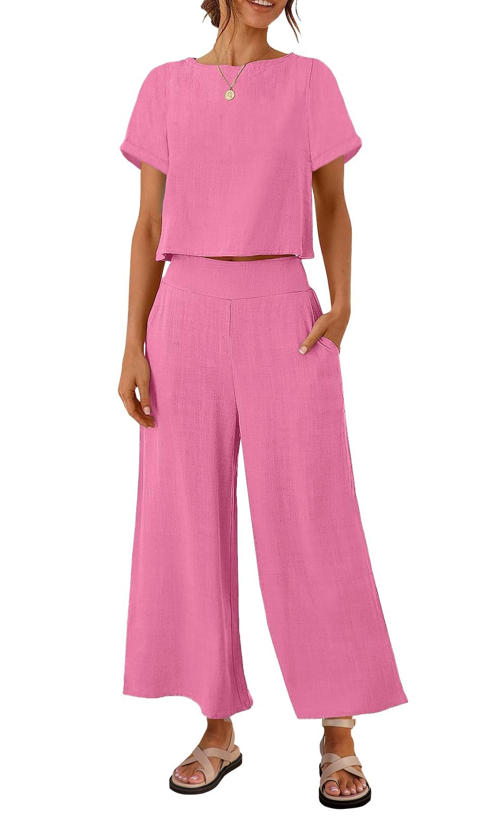 Zesica Womens Piece Outfits Linen Short Sleeve Crop Top