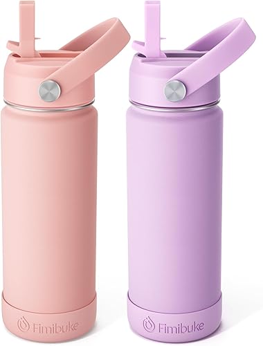Fimibuke Botella de Agua Aislada para Niños, 18oz Vasos para Niños SIN BPA con Pajita Vaso Térmico de Doble Pared al Vacío Acero Inoxidable 188 a