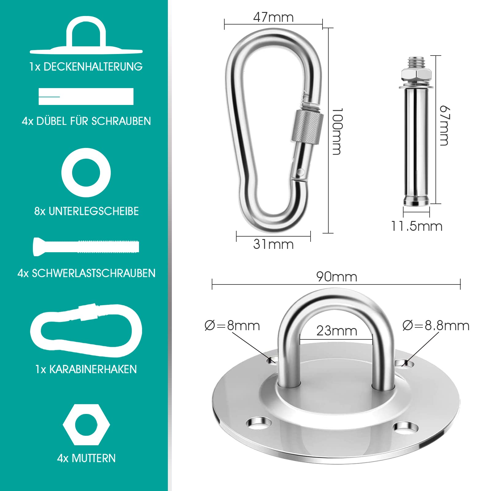 Gancho de Techo, Soporte de Techo para Saco de Boxeo de Acero Inoxidable de hasta 400 kg, Gancho de Techo Resistente para Hamaca para Silla Colgante, Saco de Boxeo (2 Piezas)