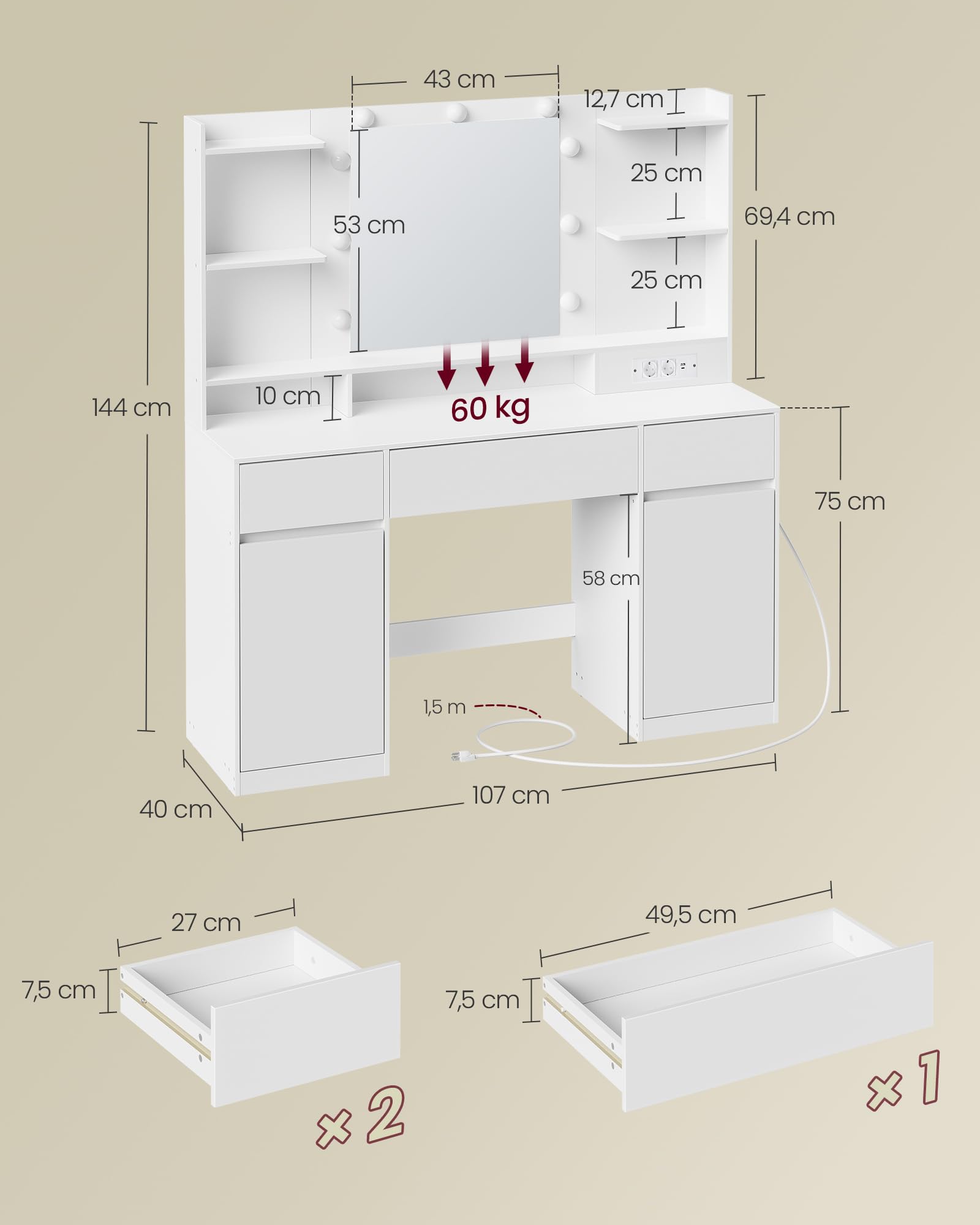 VASAGLE KAILYN Collectie - Kaptafel met LED-verlichting, make-uptafel met spiegel, 40 x 98,3 x 145 cm, cosmeticatafel met lades, verstelbare planken, modern, wolkenwit RDT124WB01