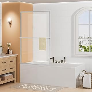 Bathbliss Tub Shower Glass 34" W x 60" H,Half Shower Door Screen Fixed Tub Glass Door with Tempered Glass Brushed Nickel