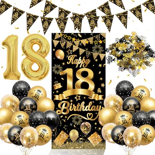 18th Birthday Decorations for Boys Girls AivaToba 18th Birthday Balloons with Black Gold 18th Birthday Banner Triangle Flag Banner Number 18 Foil Balloon 18 Year Old Birthday Party Decoration