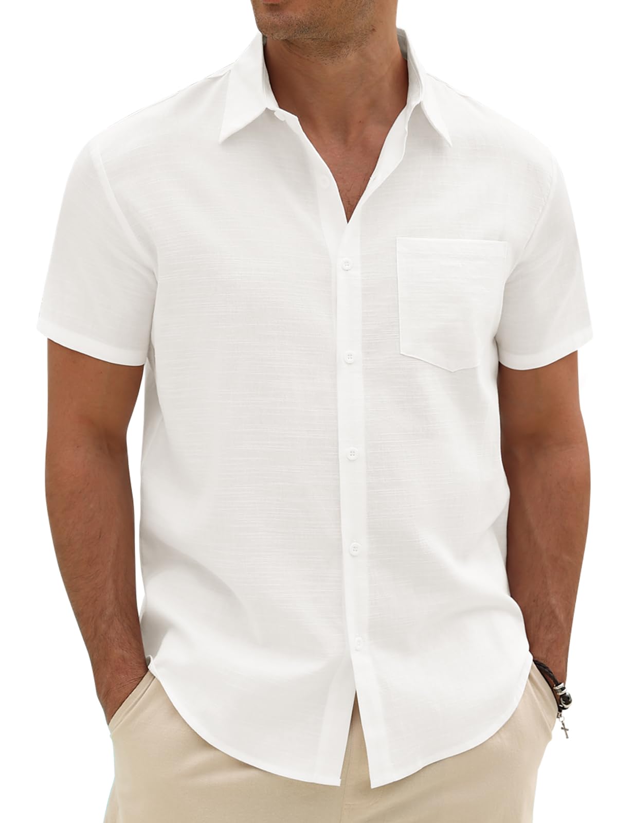 Xnova Herren Leinenhemd Kurzarm Baumwolle Sommer Freizeithemd, Atmungsaktive Musselin Hemden Button-Down Strand Linen Shirt Business Hemd mit Brusttaschen, Weiß, XL