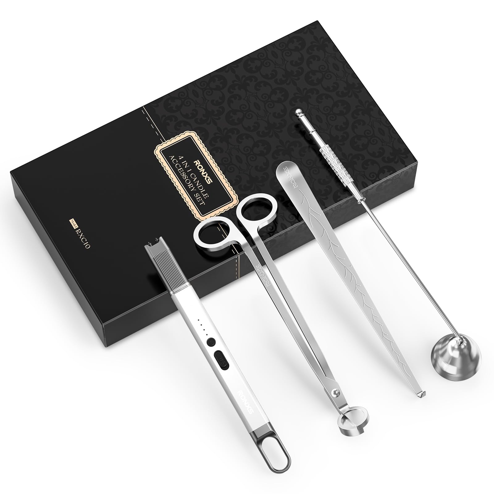 RONXS 4 in 1 Candle Accessory Set, Candle Wick Trimmer Cutter, Candle Electric Lighter, Candle Snuffer Extinguisher, Wick Dipper with Gift Package for Candle Lovers, Gift for Her (Silver)