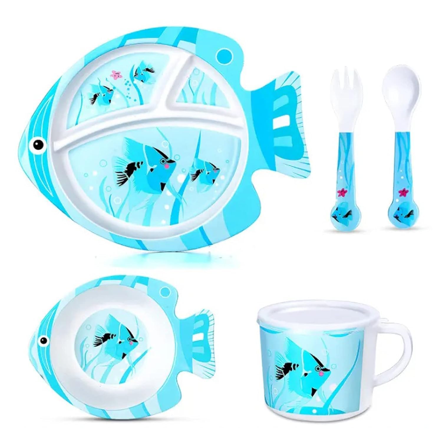 S-VIVA Kids Dinnerware Set, Fish Design Plate Bowl and Cutlery, 5-Piece Tableware Set for Toddlers, Blue and Pink-image-42