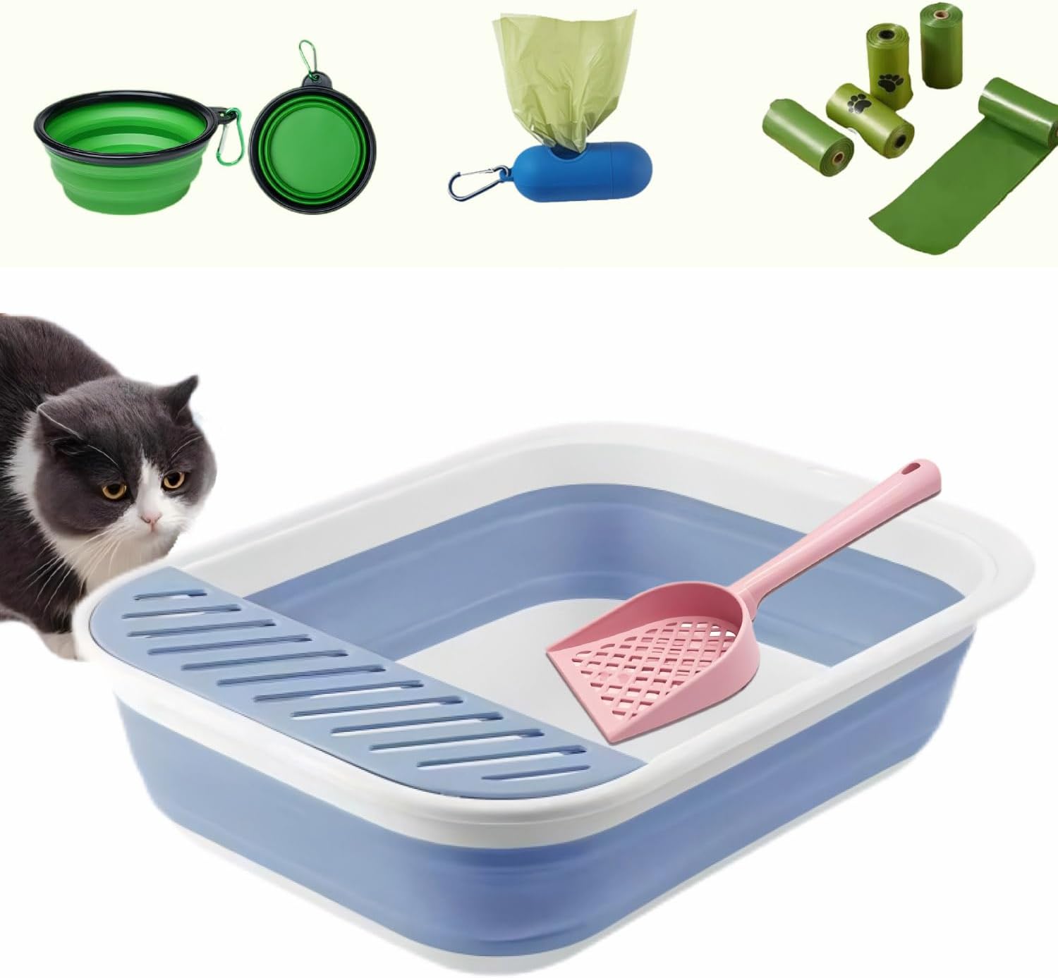 9PCS-Collapsible Kitten Litter Box,Open Cat Potty Pan with Scoop Foldable,Shallow Cat Toilet Anti-Splashing Low,Entrance Travel Litter Box with Falling Sand PedalBlue