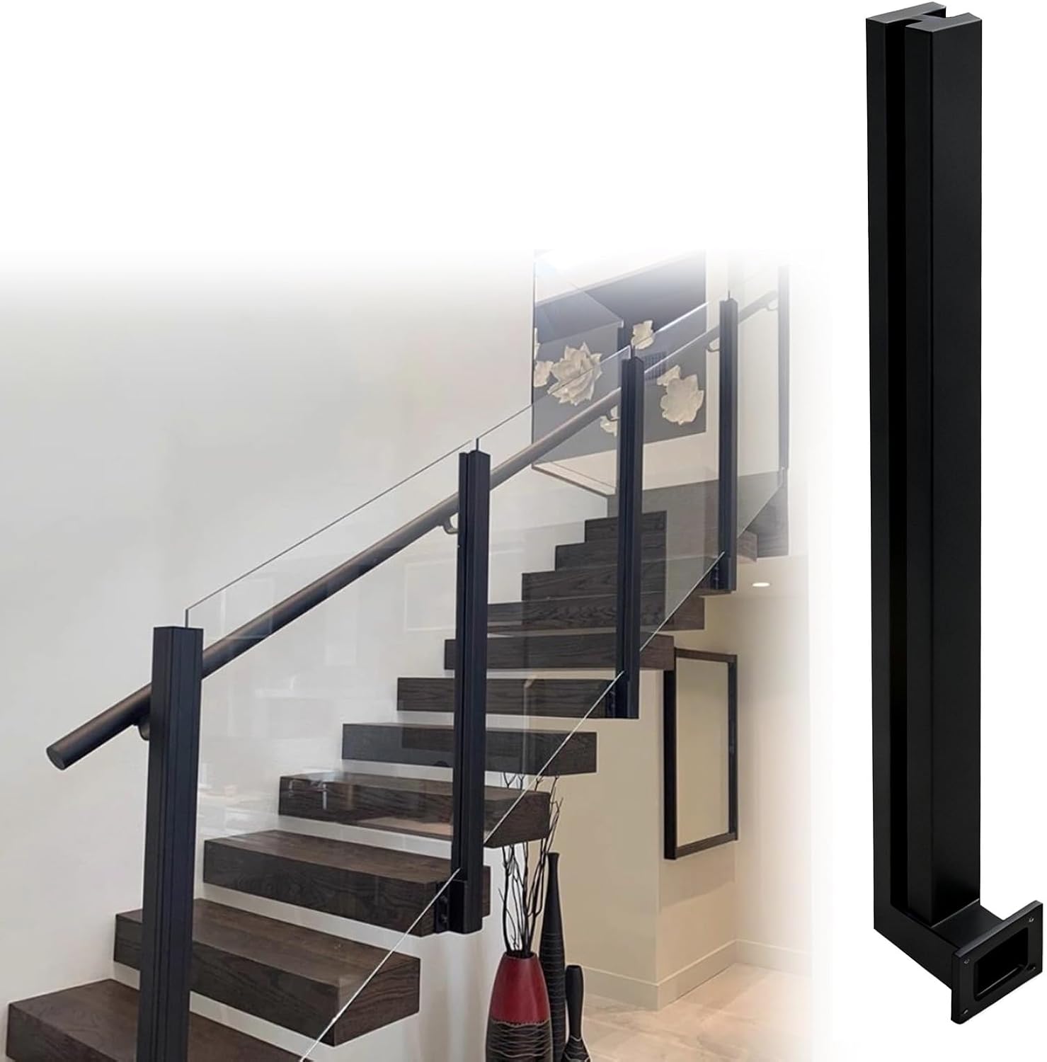 Matte Black Side Mount Stair Railing Post, 33.5" Stainless Steel Glass Fence Column with Screws, Indoor/Outdoor Deck, Patio, Pool Bracket Clamp