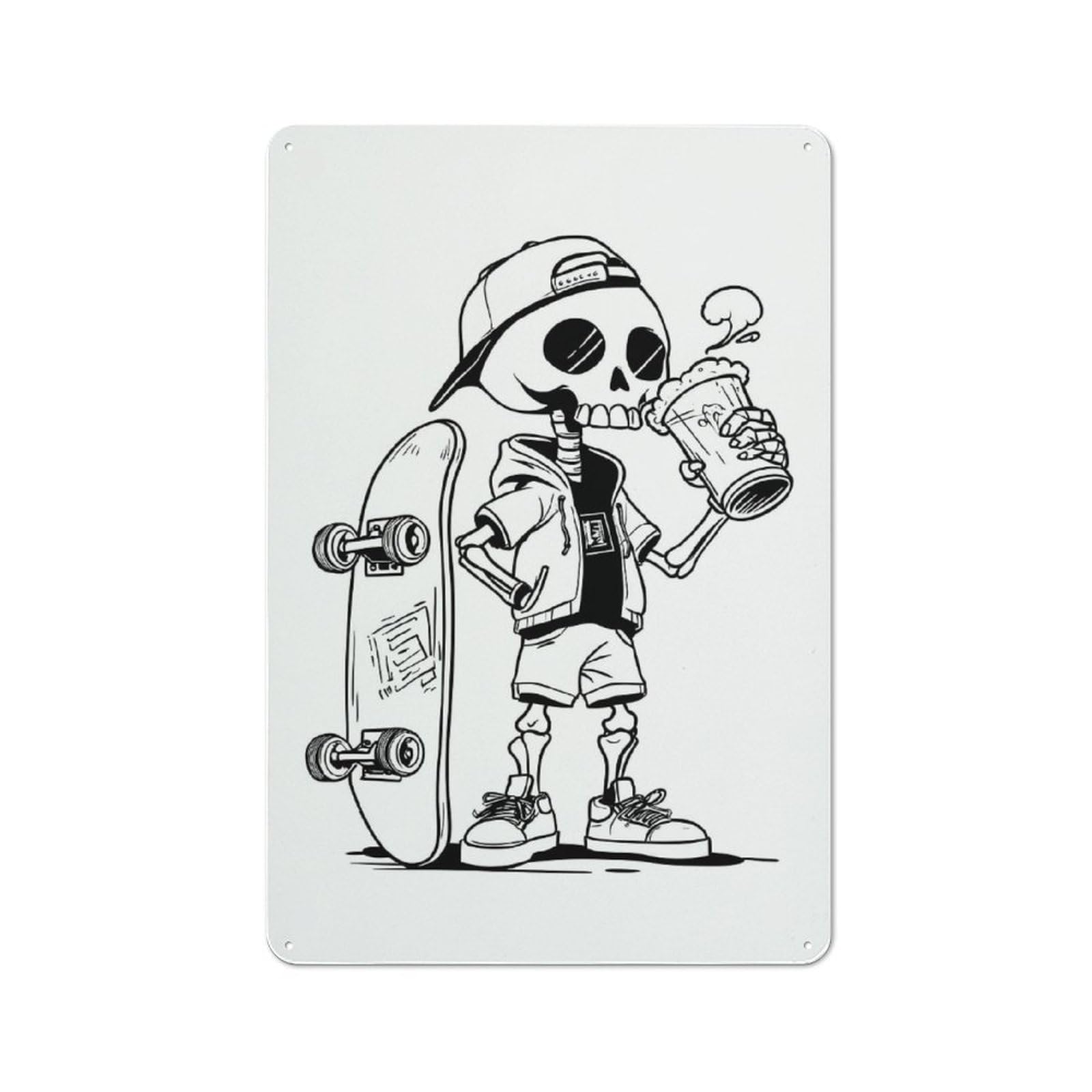 Junmoney Style-19 Character Decorative Tin Plaque 30X20cm Featuring Skateboarder Skeleton Drinking Beer, Small Space Decor For Bedroom, Kitchen, Office Or Living Room