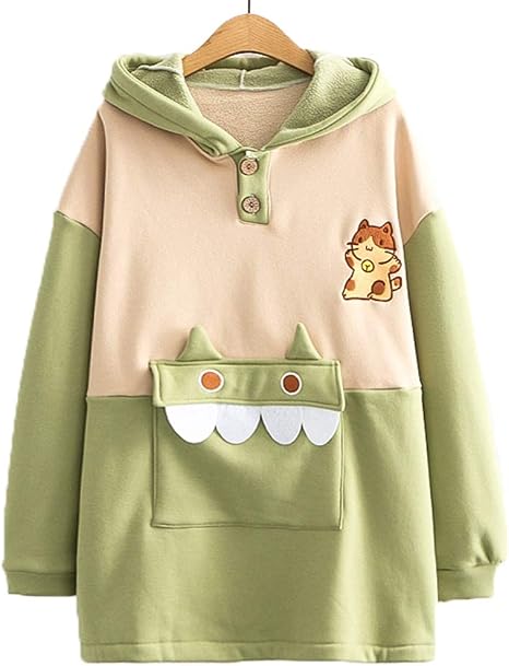 Amazon キャンディ少女 ロリータ系 レディース ガールズ パーカー トレーナー ネコ 刺繍 ネコミミ付きフード 妖怪 ポケット 可愛い ツートン 裏起毛 暖かい トップス 少女 グリーン トレーナー パーカー 通販