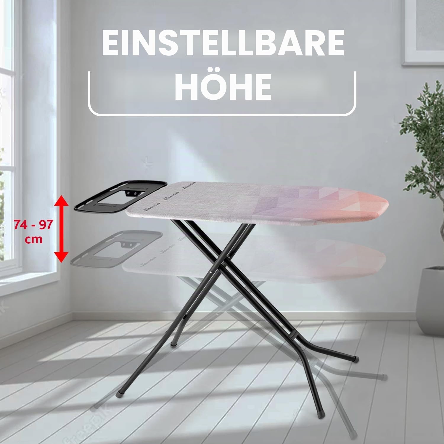 Vileda Diamond Bügelbrett, 120x38 cm, höhenverstellbar bis 97 cm, Aluminium, Schwarz/Grau mit Lila und Lachs, mediano, stabile Legierungsstahlkonstruktion