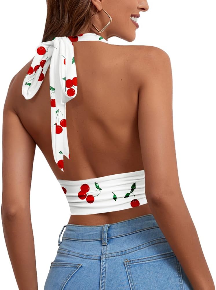 Rooscier Women's Deep V Neck Halter Tie Back Sleeveless Backless Cami Crop Top - Image 2