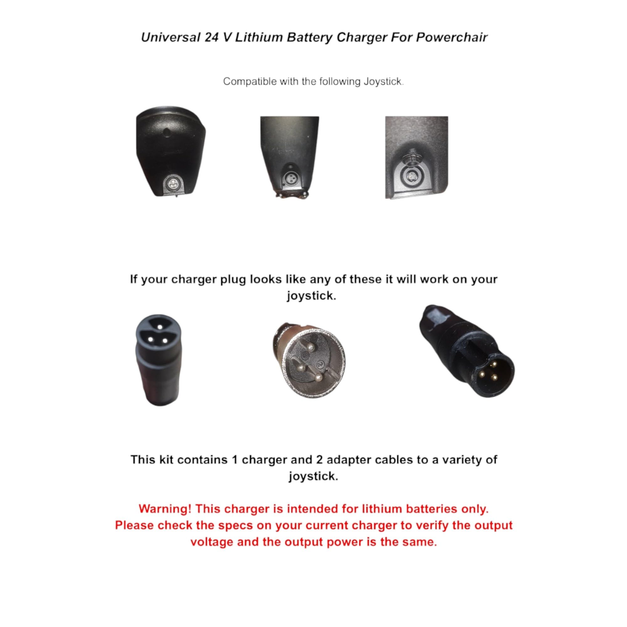 24V 2A Class 2 Lithium Battery Charger for Folding Wheelchair with Brushless Motors, with Three Plugs. 2 Adapter Cables, Universal with Most 24 V Lithium Battery Powerchairs